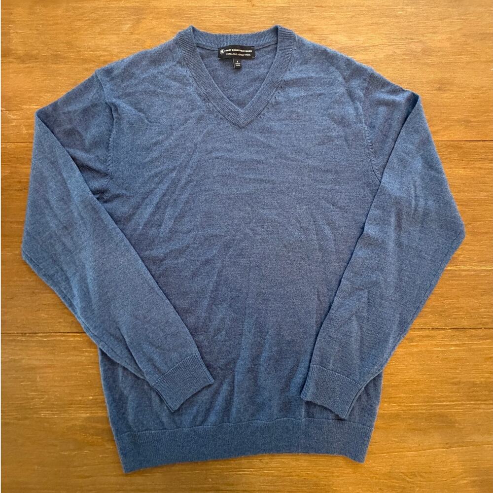 Hart Schaffner Marx 100% Extra Fine Merino Wool V-Neck Sweater Blue Men's Small